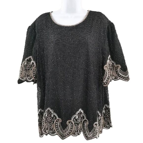 Vintage Black Silk Top Hand Embellished with Silver Beads & Sequins | Laurence K - Picture 1 of 6